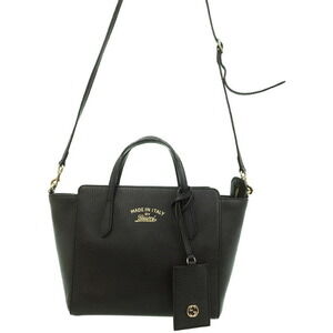 Gucci Swing Top Handle 2way Tote Shoulder Bag pebbled leather Black